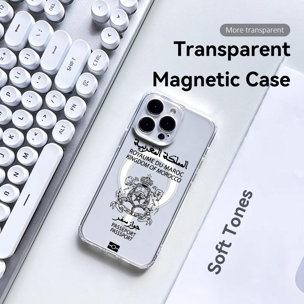 Clear Magsafe Case - クールなモロッコパスポートデザインのiPhone 17/16/15/14/13/12 Pro Max Plus用MagSafe対応クリアケース（ワイヤレス充電対応）
