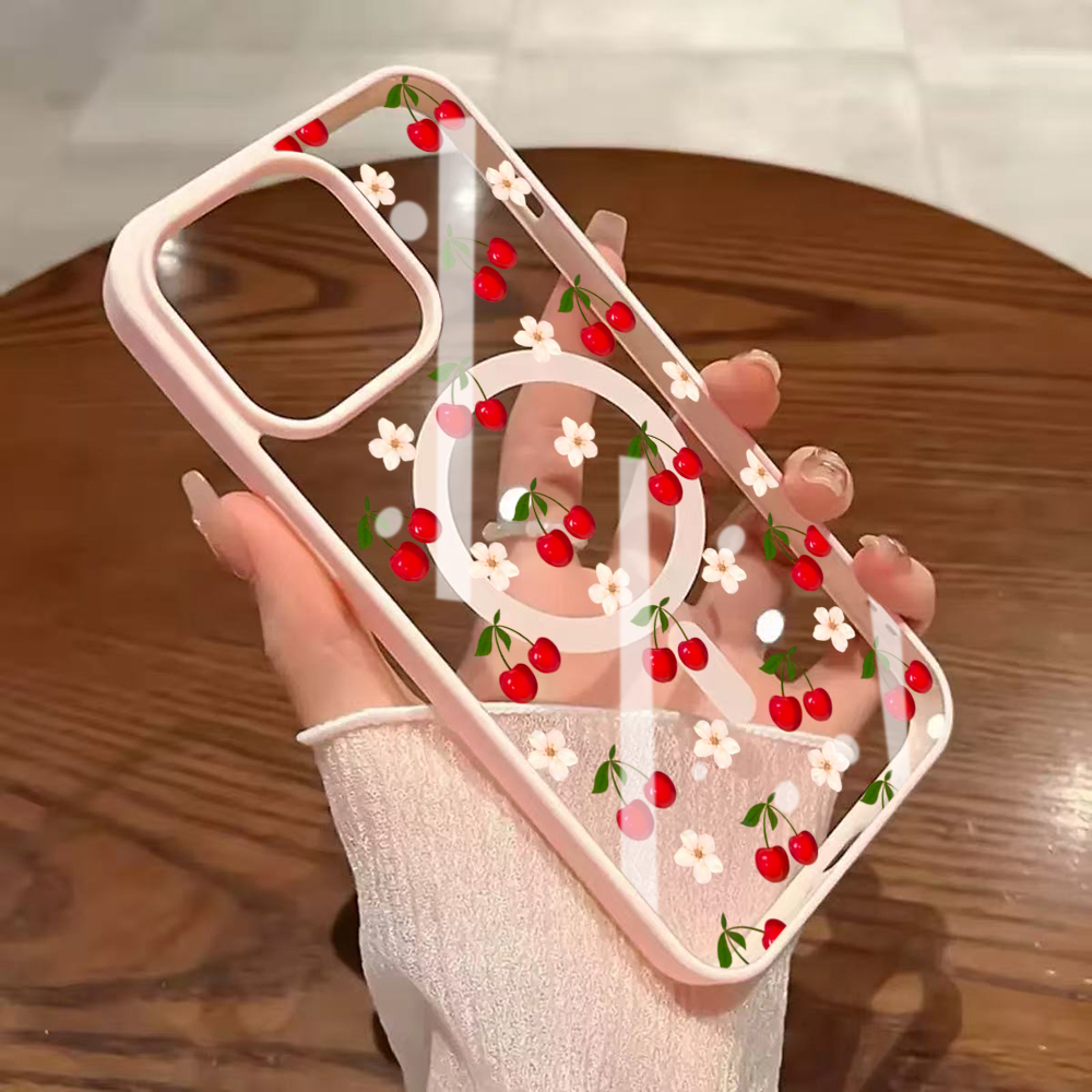 Clear Magsafe Case - かわいいチェリー柄クリアケース MagSafe対応 iPhone 16 15 Pro