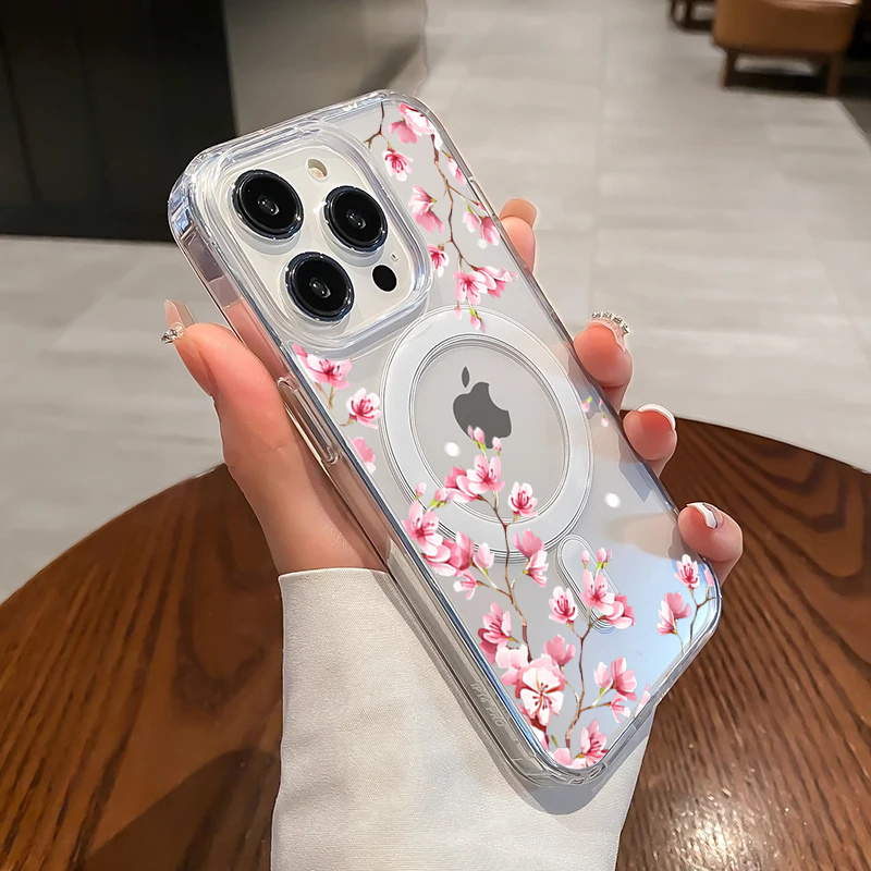 Clear Magsafe Case - 高級ピンク INS 花柄ケース iPhone 14 Pro