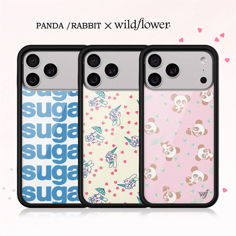 Phone Cases Wildflower - ワイルドフラワー柄のかわいい漫画風クマとウサギのiPhoneケース（iPhone 16、15、14、11、12、13、17 Pro Max対応）おしゃれなWFピンクとブルーの耐衝撃カバー