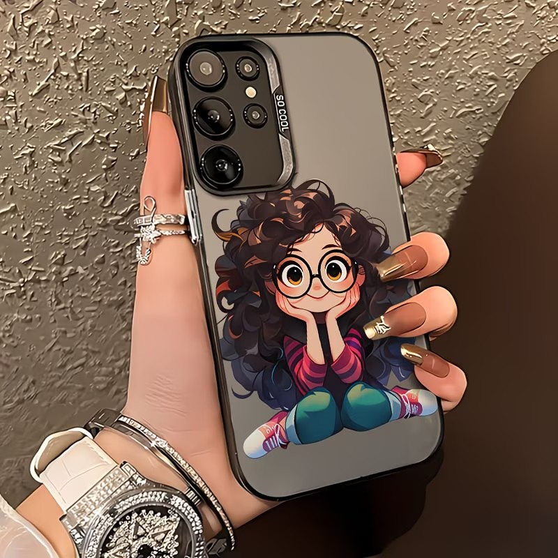 可愛い巻き毛の女の子とメガネの漫画柄スマホケース Samsu - Cute Cartoon Case のレビューと価格