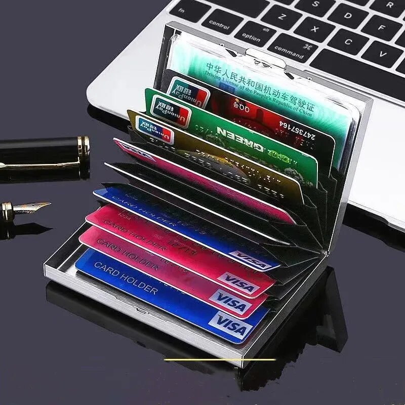 10 スロットステンレスクレジットカードホルダー男性スリム抗 - Slim Card Slot Case のレビューと価格